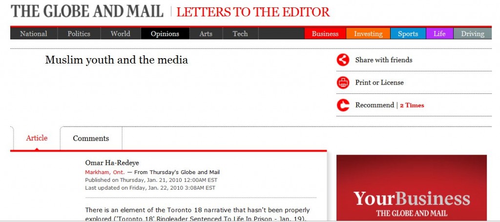 Letter in the Globe & Mail on Toronto 18